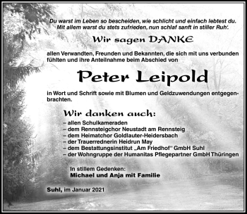 Traueranzeige von Peter Leipold von Südthüringer Presse