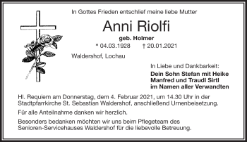 Traueranzeige von Anni Riolfi von Frankenpost