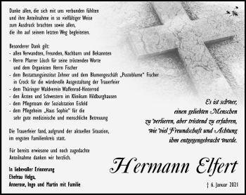 Traueranzeige von Hermann Elfert von Südthüringer Presse