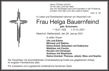 Traueranzeige von Helga Bauernfeind von Frankenpost