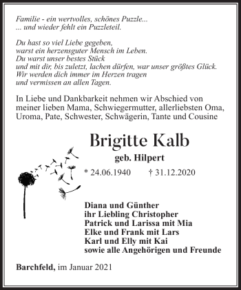 Traueranzeige von Brigitte Kalb von Südthüringer Presse