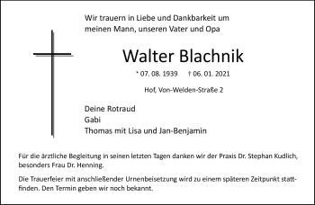 Traueranzeige von Walter Blachnik von Frankenpost