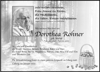 Traueranzeige von Dorothea Rohner von Neue Presse Coburg