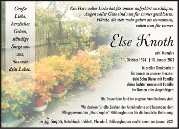 Traueranzeige von Else Knoth von Südthüringer Presse