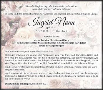 Traueranzeige von Ingrid Nonn von Südthüringer Presse