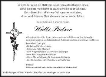 Traueranzeige von Walli Balzer von Südthüringer Presse