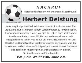 Traueranzeige von Herbert Deistung von Südthüringer Presse