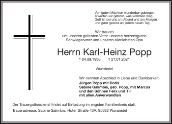 Traueranzeige von Karl-Heinz Popp von Frankenpost