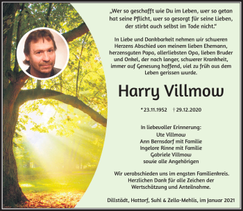 Traueranzeige von Harry Villmow von Südthüringer Presse