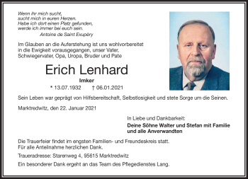 Traueranzeige von Erich Lenhard von Frankenpost