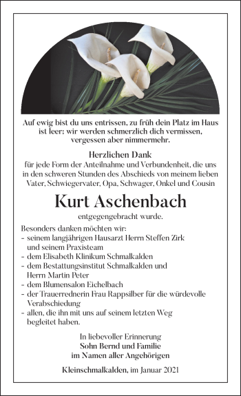 Traueranzeige von Kurt Aschenbach von Südthüringer Presse