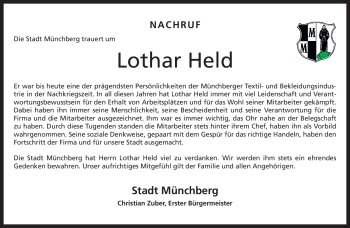 Traueranzeige von Lothar Held von Frankenpost