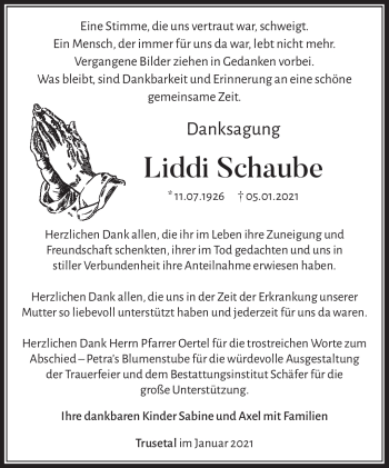 Traueranzeige von Liddi Schaube von Südthüringer Presse