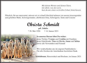 Traueranzeige von Christa Schmidt von Südthüringer Presse