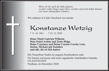 Traueranzeige von Konstanze Wetzig von Südthüringer Presse