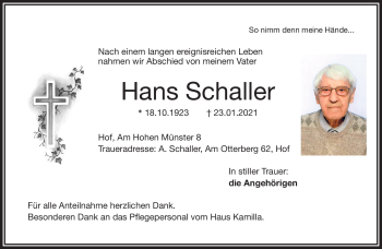 Traueranzeige von Hans Schaller von Frankenpost