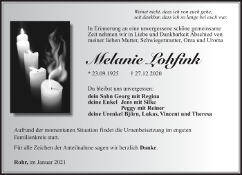 Traueranzeige von Melanie Lohfink von Südthüringer Presse
