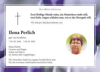 Traueranzeige von Ilona Perlich von Südthüringer Presse