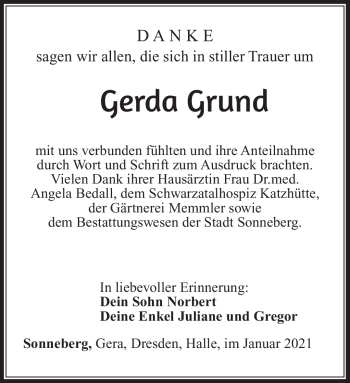 Traueranzeige von Gerda Grund von Südthüringer Presse