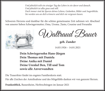Traueranzeige von Waltaud Bauer von Südthüringer Presse