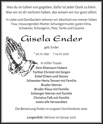 Traueranzeige von Gisela Ender von Südthüringer Presse