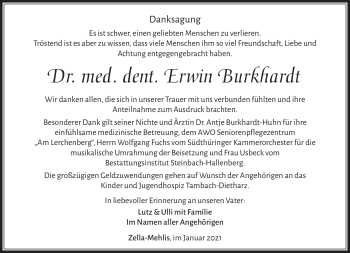 Traueranzeige von Erwin Burkhardt von Südthüringer Presse