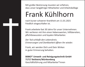 Traueranzeige von Frank Kühlhorn von Südthüringer Presse