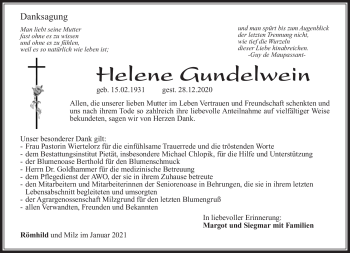 Traueranzeige von Helene Gundelwein von Südthüringer Presse