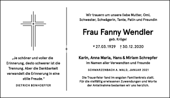 Traueranzeige von Fanny Wendler von Frankenpost