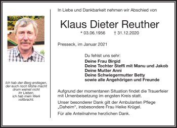 Traueranzeige von Klaus Dieter Reuther von Frankenpost