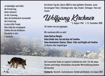 Traueranzeige von Wolfgang Kirchner von Südthüringer Presse
