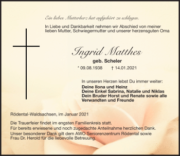 Traueranzeige von Ingrid Matthes von Neue Presse Coburg