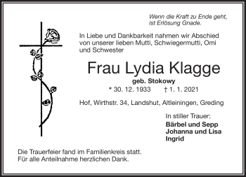 Traueranzeige von Lydia Klagge von Frankenpost