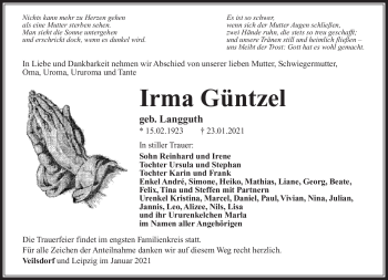 Traueranzeige von Irma Güntzel von Südthüringer Presse