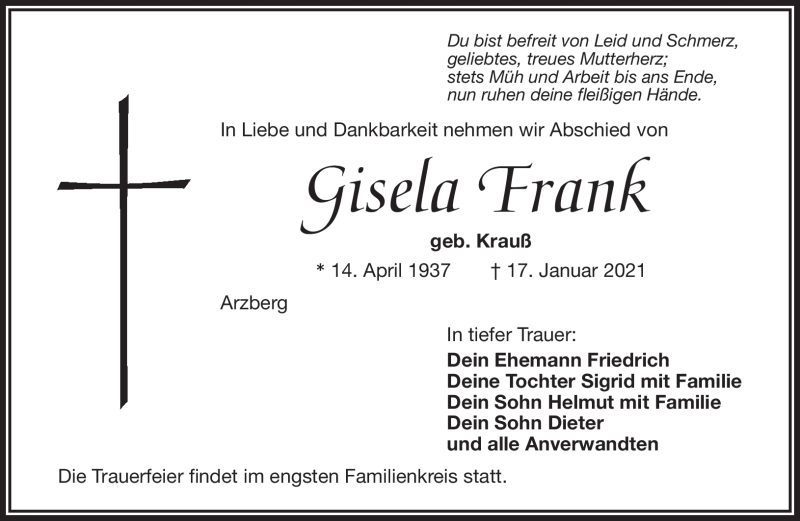  Traueranzeige für Gisela Frank vom 20.01.2021 aus Frankenpost