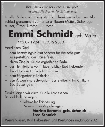 Traueranzeige von Emmi Schmidt von Südthüringer Presse