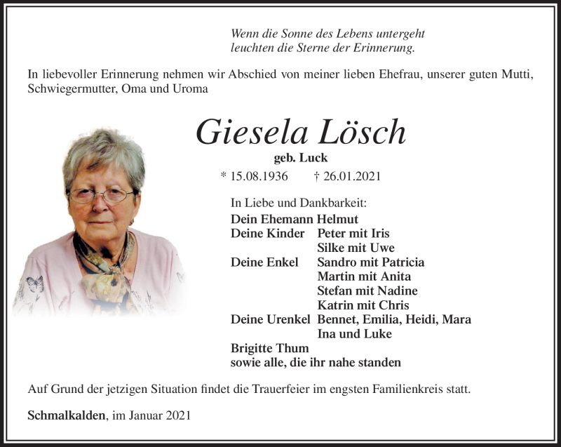 Traueranzeigen von Gisela Lösch | franken-gedenkt.de