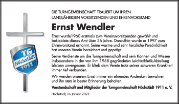 Traueranzeige von Ernst Wendler von Frankenpost