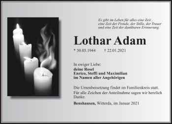 Traueranzeige von Lothar Adam von Südthüringer Presse