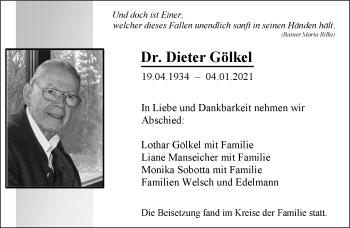 Traueranzeige von Dieter Gölkel von Frankenpost