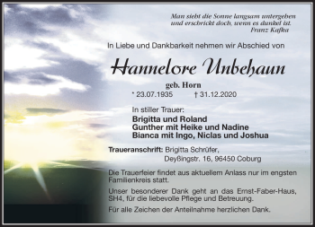 Traueranzeige von Hannelore Unbehaun von Neue Presse Coburg