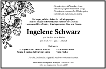 Traueranzeige von Ingelene Schwarz von Südthüringer Presse
