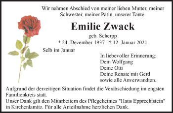 Traueranzeige von Emilie Zwack von Frankenpost