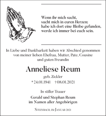 Traueranzeige von Anneliese Reum von Südthüringer Presse