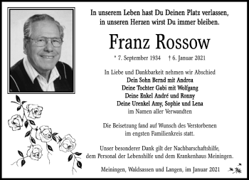 Traueranzeige von Franz Rossow von Südthüringer Presse