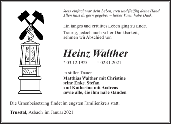 Traueranzeige von Heinz Walther von Südthüringer Presse