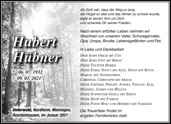 Traueranzeige von Hubert Hübner von Südthüringer Presse