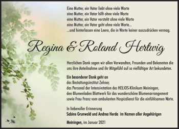 Traueranzeige von Regina Hertwig von Südthüringer Presse