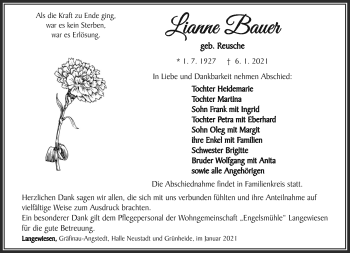 Traueranzeige von Lianne Bauer von Südthüringer Presse