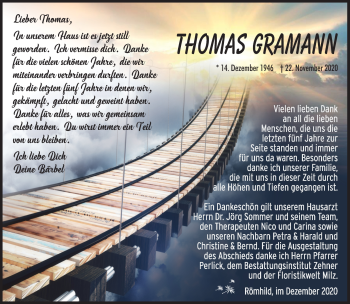Traueranzeige von Thomas Gramann von Südthüringer Presse